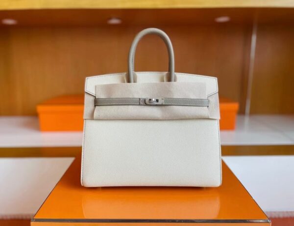 H Factory Bags Birkin Epsom Outer Seam Cream White & M8 Grey Silver Hardware 25cm Full Handmade