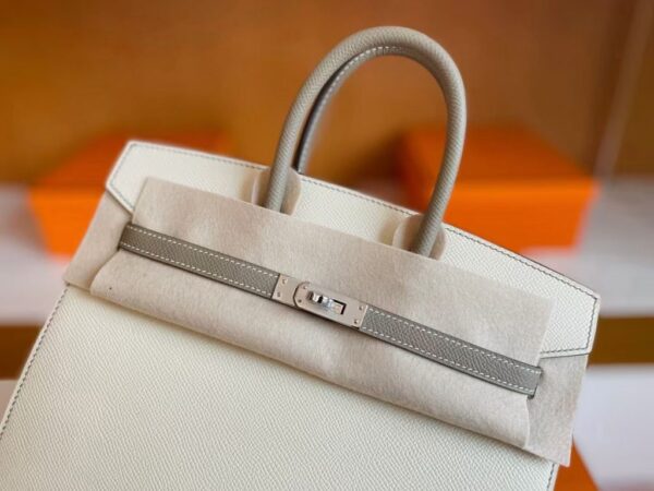 H Factory Bags Birkin Epsom Outer Seam Cream White & M8 Grey Silver Hardware 25cm Full Handmade