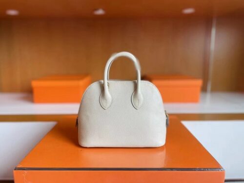 H Factory Bags Mini Bolide Chever Leather Cream White Silver Hardware 18cm Full Handmade