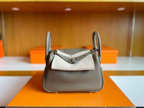 H Factory Bags Mini Lindy Togo Leather Etoupe Grey Silver Hardware 19cm Full Handmade Phw