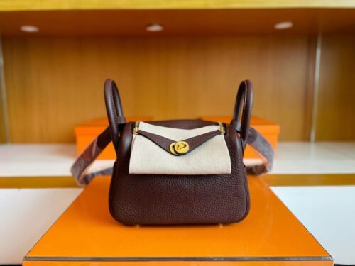 H Factory Bags Mini Lindy Togo Leather Reddish Brown Gold Hardware 19cm Full Handmade