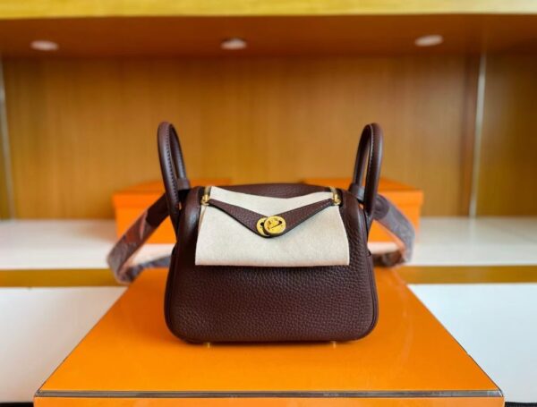 H Factory Bags Mini Lindy Togo Leather Reddish Brown Gold Hardware 19cm Full Handmade