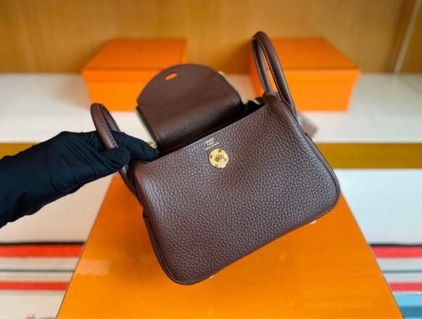 H Factory Bags Mini Lindy Togo Leather Reddish Brown Gold Hardware 19cm Full Handmade