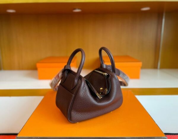 H Factory Bags Mini Lindy Togo Leather Reddish Brown Gold Hardware 19cm Full Handmade