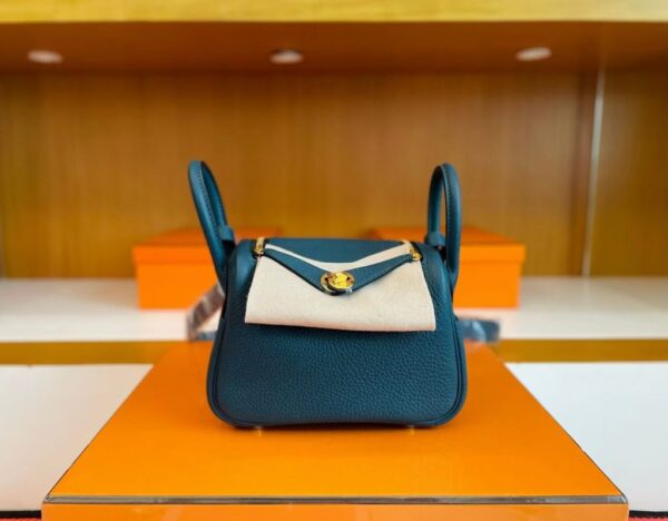 H Factory Bags Mini Lindy Togo Leather Cyan Blue Gold Hardware 19cm Full Handmade