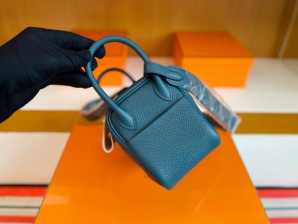 H Factory Bags Mini Lindy Togo Leather Cyan Blue Gold Hardware 19cm Full Handmade