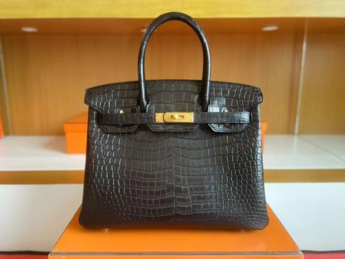 H Factory Bags Birkin Matte Crocodile CK89 Black Gold Hardware 30cm Full Handmade