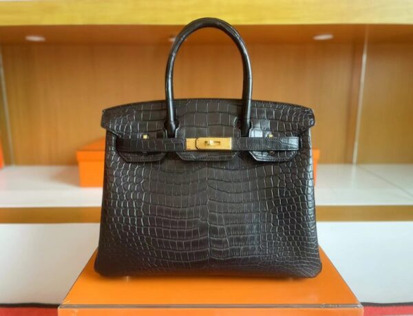 H Factory Bags Birkin Matte Crocodile CK89 Black Gold Hardware 30cm Full Handmade