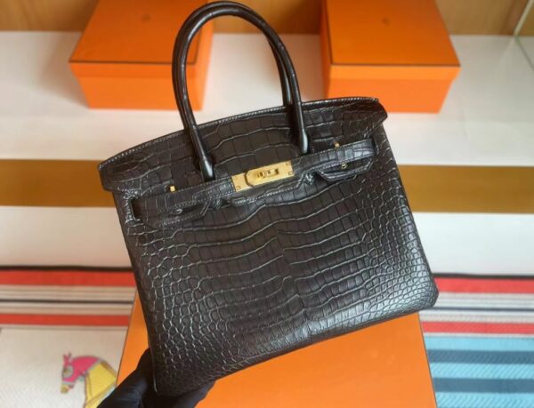 H Factory Bags Birkin Matte Crocodile CK89 Black Gold Hardware 30cm Full Handmade