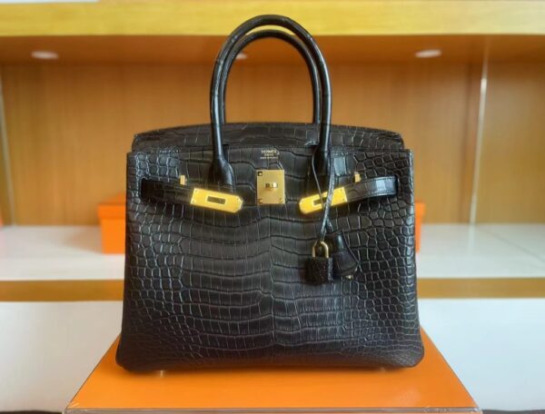 H Factory Bags Birkin Matte Crocodile CK89 Black Gold Hardware 30cm Full Handmade