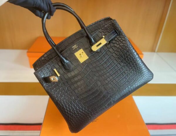 H Factory Bags Birkin Matte Crocodile CK89 Black Gold Hardware 30cm Full Handmade