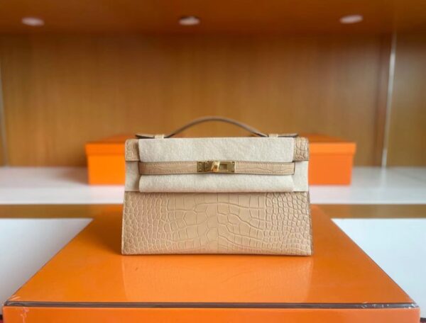 H Factory Bags Mini Kelly Pochette Matte Alligator Crocodile 0M Tea Khaki Gold Hardware 22cm Full Handmade