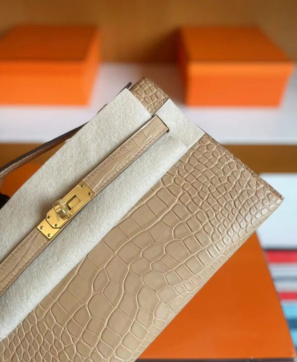 H Factory Bags Mini Kelly Pochette Matte Alligator Crocodile 0M Tea Khaki Gold Hardware 22cm Full Handmade