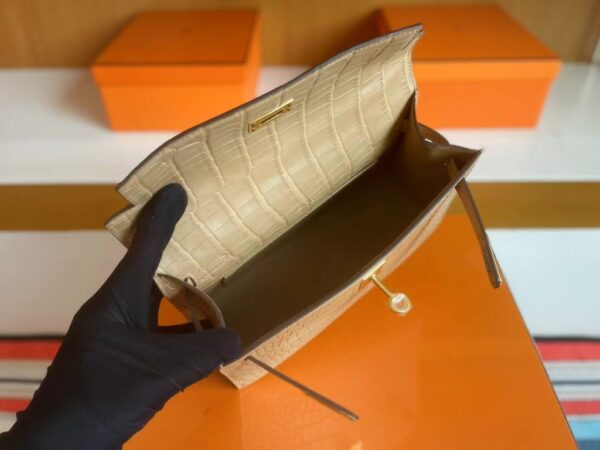 H Factory Bags Mini Kelly Pochette Matte Alligator Crocodile 0M Tea Khaki Gold Hardware 22cm Full Handmade