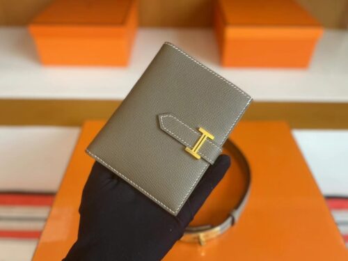 H Factory Bags Beran Short Wallet Epsom Etoupe Grey Gold Hardware Full Handmade
