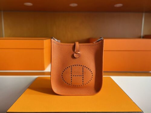 H Factory Bags Mini Evelyne Togo Leather Orange Silver Hardware 16cm Full Handmade