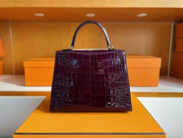 H Factory Bags Kelly Shiny Alligator Crocodile Deep Reddish Violet Silver Hardware 25cm Full Handmade Phw