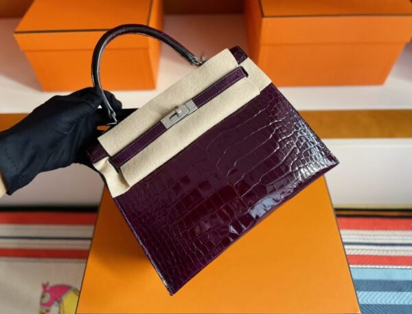H Factory Bags Kelly Shiny Alligator Crocodile Deep Reddish Violet Silver Hardware 25cm Full Handmade Phw