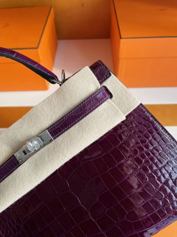 H Factory Bags Kelly Shiny Alligator Crocodile Deep Reddish Violet Silver Hardware 25cm Full Handmade Phw