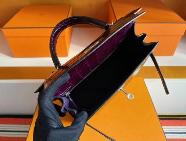 H Factory Bags Kelly Shiny Alligator Crocodile Deep Reddish Violet Silver Hardware 25cm Full Handmade Phw