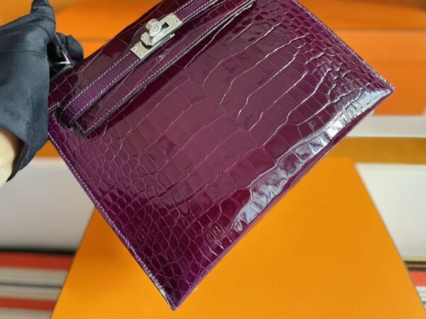 H Factory Bags Kelly Shiny Alligator Crocodile Deep Reddish Violet Silver Hardware 25cm Full Handmade Phw
