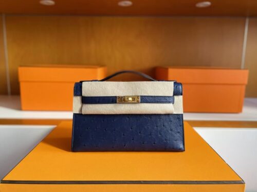 mmexport1760691050426-1024x777-1 H Factory Bags Mini Kelly Pochette Ostrich Leather Deep Blue Gold Hardware 22cm Full Handmade