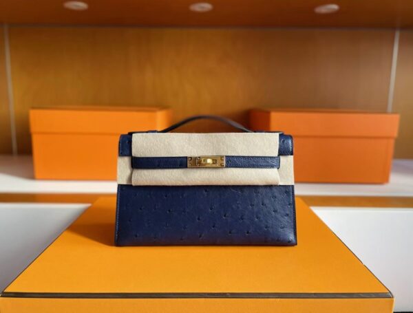 H Factory Bags Mini Kelly Pochette Ostrich Leather Deep Blue Gold Hardware 22cm Full Handmade
