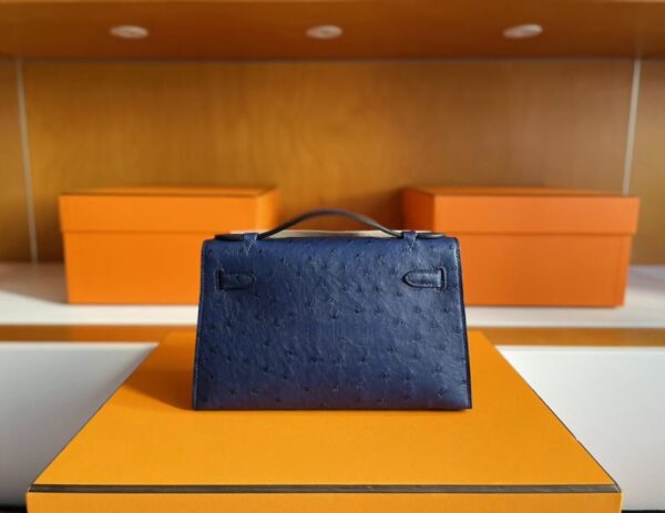 H Factory Bags Mini Kelly Pochette Ostrich Leather Deep Blue Gold Hardware 22cm Full Handmade