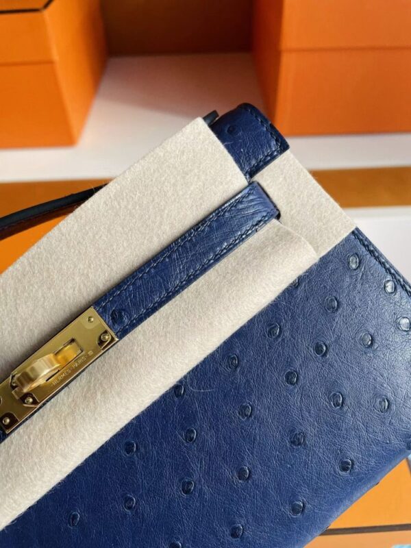 H Factory Bags Mini Kelly Pochette Ostrich Leather Deep Blue Gold Hardware 22cm Full Handmade