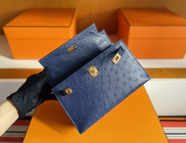 H Factory Bags Mini Kelly Pochette Ostrich Leather Deep Blue Gold Hardware 22cm Full Handmade