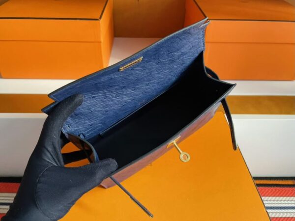 H Factory Bags Mini Kelly Pochette Ostrich Leather Deep Blue Gold Hardware 22cm Full Handmade