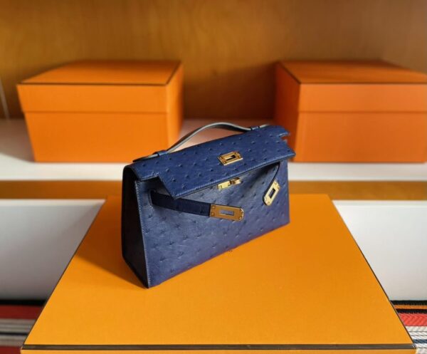 H Factory Bags Mini Kelly Pochette Ostrich Leather Deep Blue Gold Hardware 22cm Full Handmade