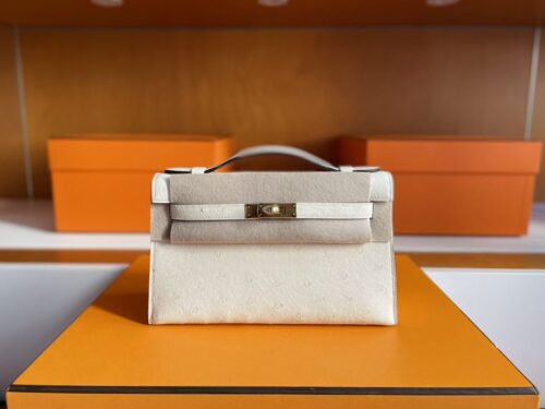 mmexport1760691066183-1024x784-1 H Factory Bags Mini Kelly Pochette Ostrich Leather Cream White Silver Hardware 22cm Full Handmade