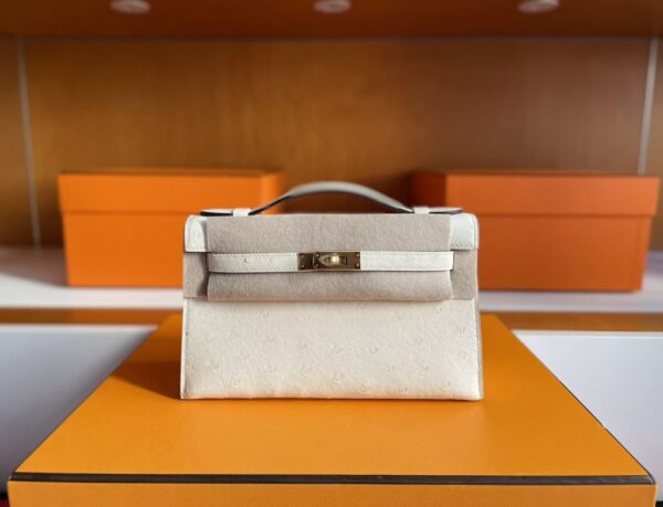 H Factory Bags Mini Kelly Pochette Ostrich Leather Cream White Silver Hardware 22cm Full Handmade