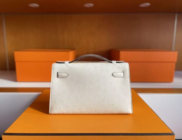 H Factory Bags Mini Kelly Pochette Ostrich Leather Cream White Silver Hardware 22cm Full Handmade