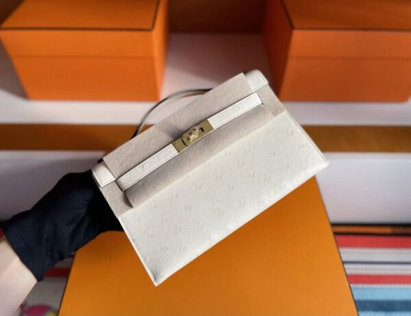 H Factory Bags Mini Kelly Pochette Ostrich Leather Cream White Silver Hardware 22cm Full Handmade