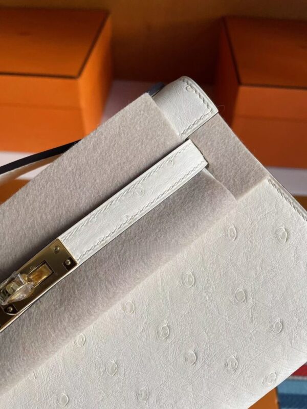 H Factory Bags Mini Kelly Pochette Ostrich Leather Cream White Silver Hardware 22cm Full Handmade