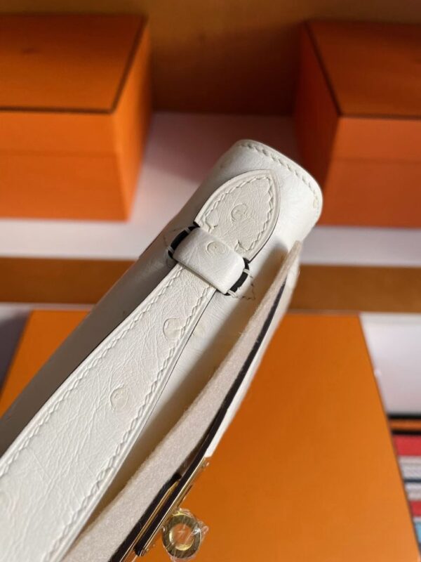 H Factory Bags Mini Kelly Pochette Ostrich Leather Cream White Silver Hardware 22cm Full Handmade