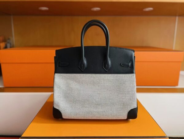 H Factory Bags Birkin Canvas & Swift Leather Black 01 Silver Hardware 25cm Full Handmade