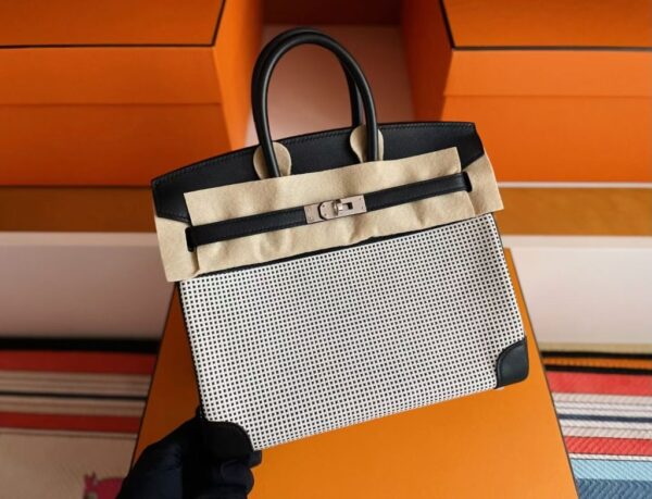 H Factory Bags Birkin Canvas & Swift Leather Black 01 Silver Hardware 25cm Full Handmade