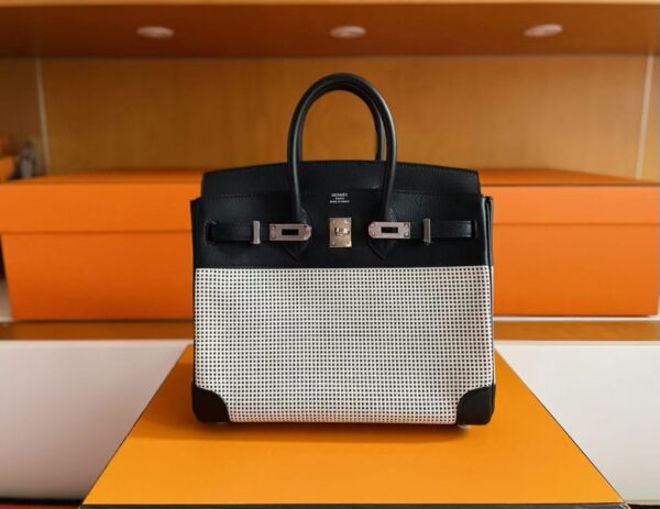 H Factory Bags Birkin Canvas & Swift Leather Black 01 Silver Hardware 25cm Full Handmade