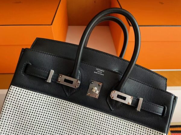 H Factory Bags Birkin Canvas & Swift Leather Black 01 Silver Hardware 25cm Full Handmade