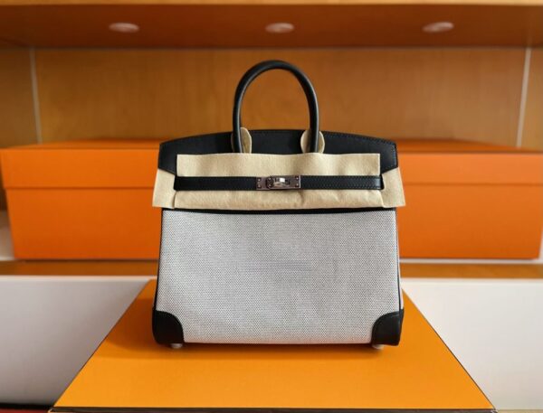 H Factory Bags Birkin Canvas & Swift Leather Black 02 Silver Hardware 25cm Full Handmade