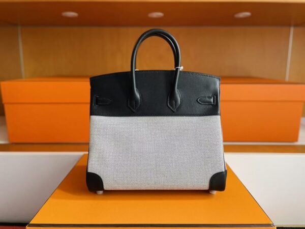 H Factory Bags Birkin Canvas & Swift Leather Black 02 Silver Hardware 25cm Full Handmade