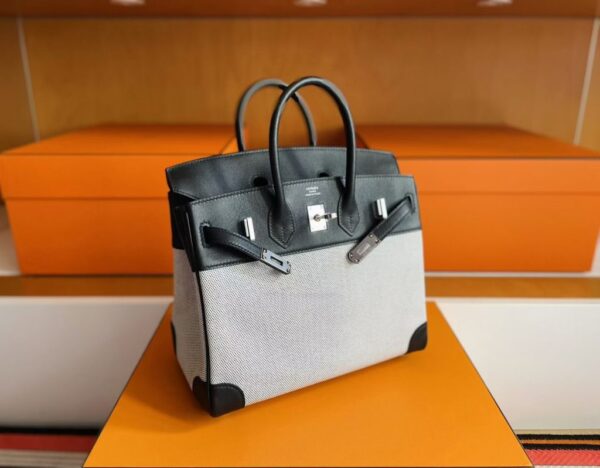 H Factory Bags Birkin Canvas & Swift Leather Black 02 Silver Hardware 25cm Full Handmade