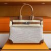 H Factory Bags Birkin Canvas & Swift Leather Golden Brown Silver Hardware 30cm Full Handmade