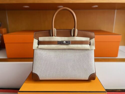 H Factory Bags Birkin Canvas & Swift Leather Golden Brown Silver Hardware 30cm Full Handmade