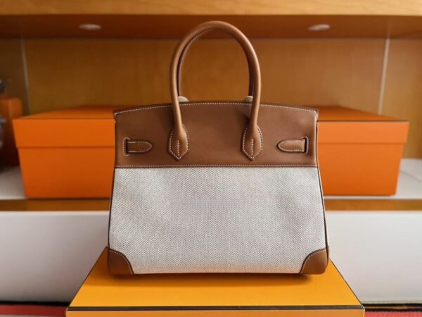 H Factory Bags Birkin Canvas & Swift Leather Golden Brown Silver Hardware 30cm Full Handmade