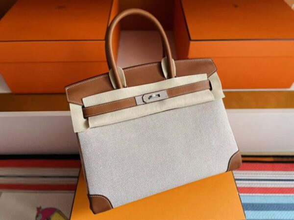 H Factory Bags Birkin Canvas & Swift Leather Golden Brown Silver Hardware 30cm Full Handmade