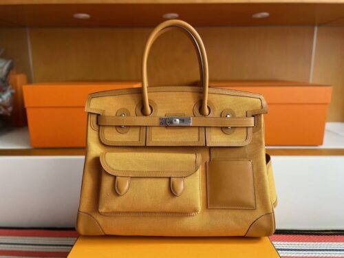 H Factory Bags Birkin Cargo Canvas & Swift Leather Khaki Yellow Silver Hardware 35cm Full Handmade
